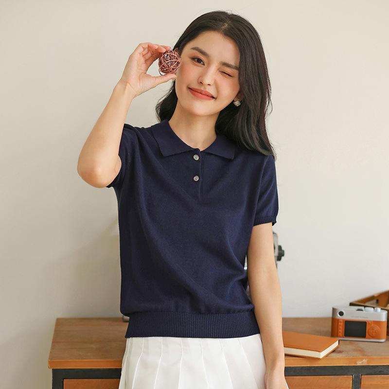 Весна и Лето Новая Однотонная Хлопковая Футболка-поло с Коротким Рукавом Женская Базовая Простая и Универсальная Повседневная Базовая Вязаная Футболка-безрукавка M