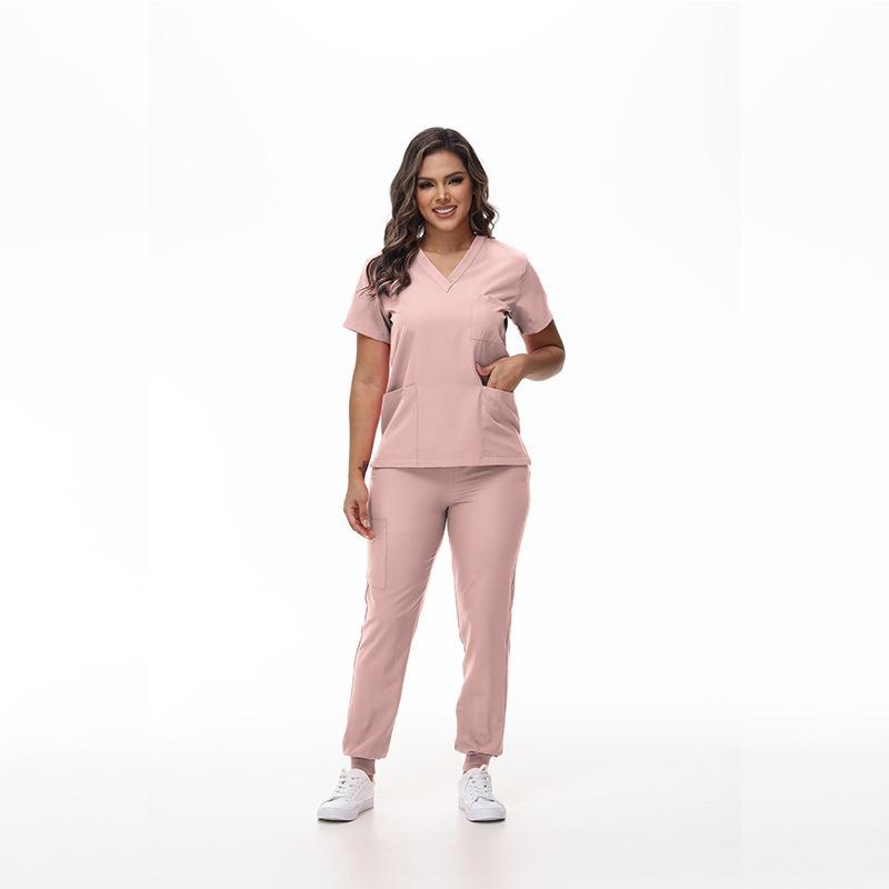 Medizinischer Jumpsuit Damen Krankenschwestern Jogger Spandex Elastisch Pflege-Kittel Uniformen Sets für Damen Weibliche Gesundheitswesen Arbeitskleidung Artikel XL rosa