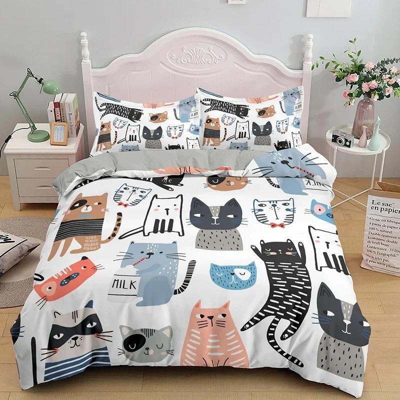 Cat Duvet Cover Set Digital Different Color Cartoon Cute Cat Bedding Set Bedclothes Double Queen King Size Polyester Qulit Cover