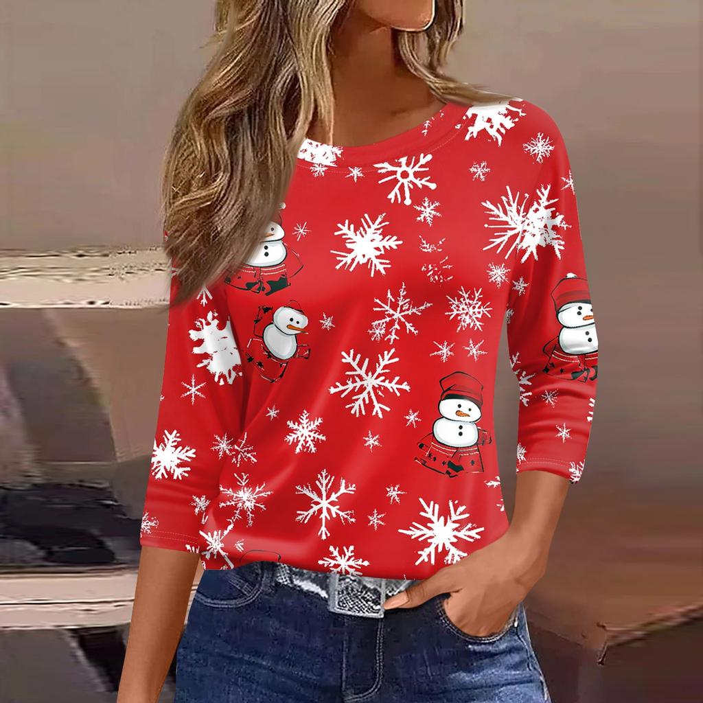 Women's Tops Seven Sleeve Shirt Round Neck Loose Christmas Snowman Christmas Tree Printed T-Shirt