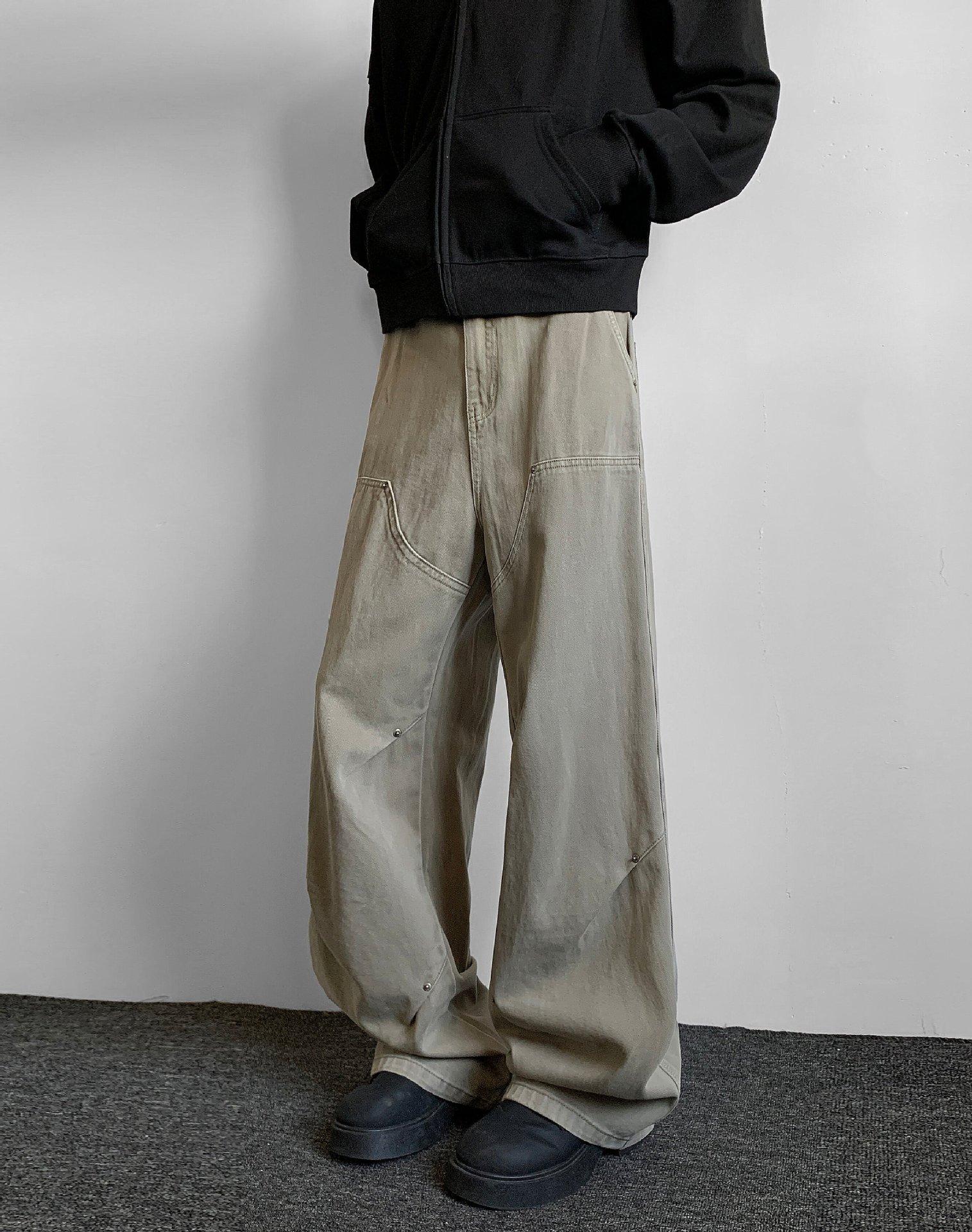 JYL Men s Straight Jeans Vintage Washed Dyed Fleece Deconstructed Rivet Denim XXXL земляничный