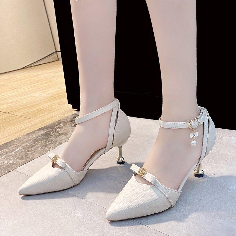 Fashion Shoes Female 2024 Ankle-wrap Women's High Heels Brand Dress Pumps Women Bow Tie Pointed Toe Pearl Buckle Strap High Heels Sandal