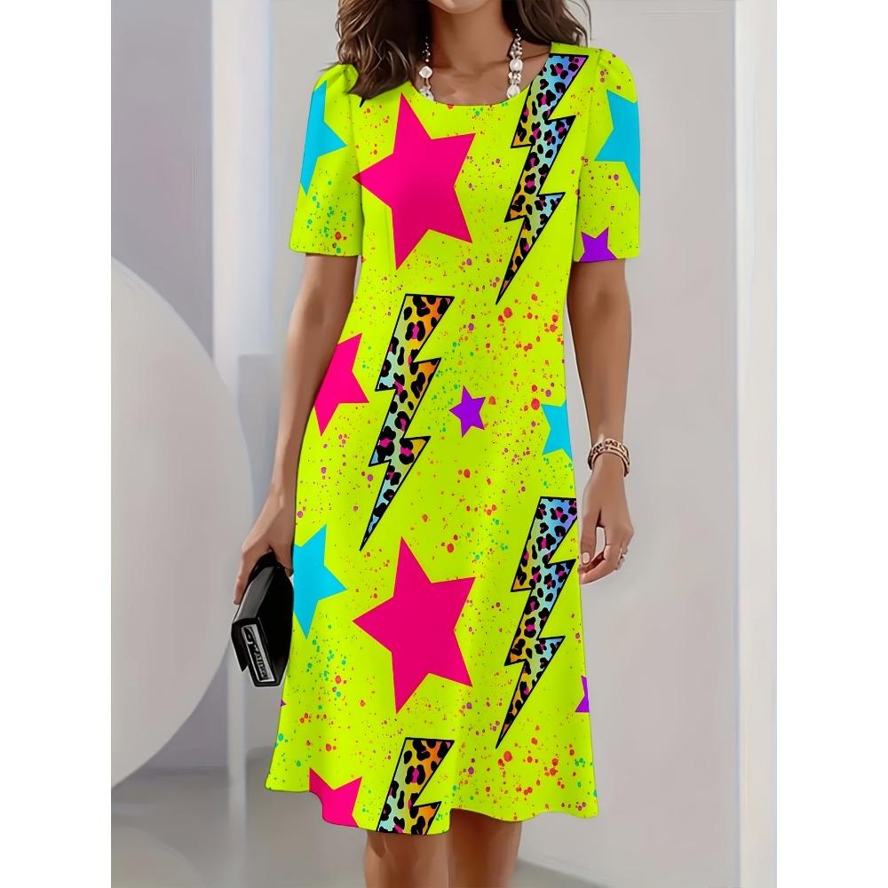 Summer Fashionable Casual Round Neck T-shirt Short Sleeved Mid Length Mini Dress Soft Comfortable Retro Versatile Party Loose 3D Printed Women's Dress