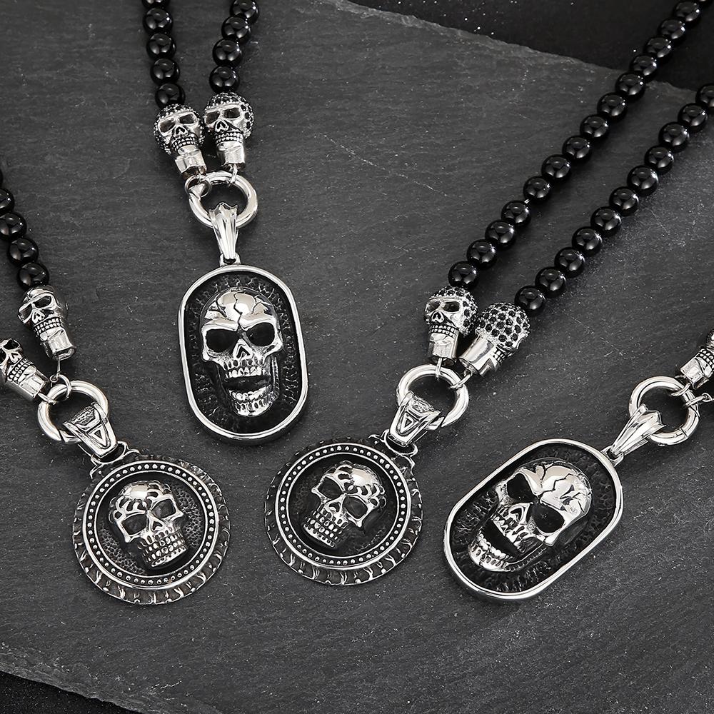 Collana con Pendente Teschio Faccia Testa Steampunk CZ da Uomo Larghezza 8MM Lunghezza 50CM Catena di Perline in Pietra Agata Gioielli in Acciaio Inossidabile