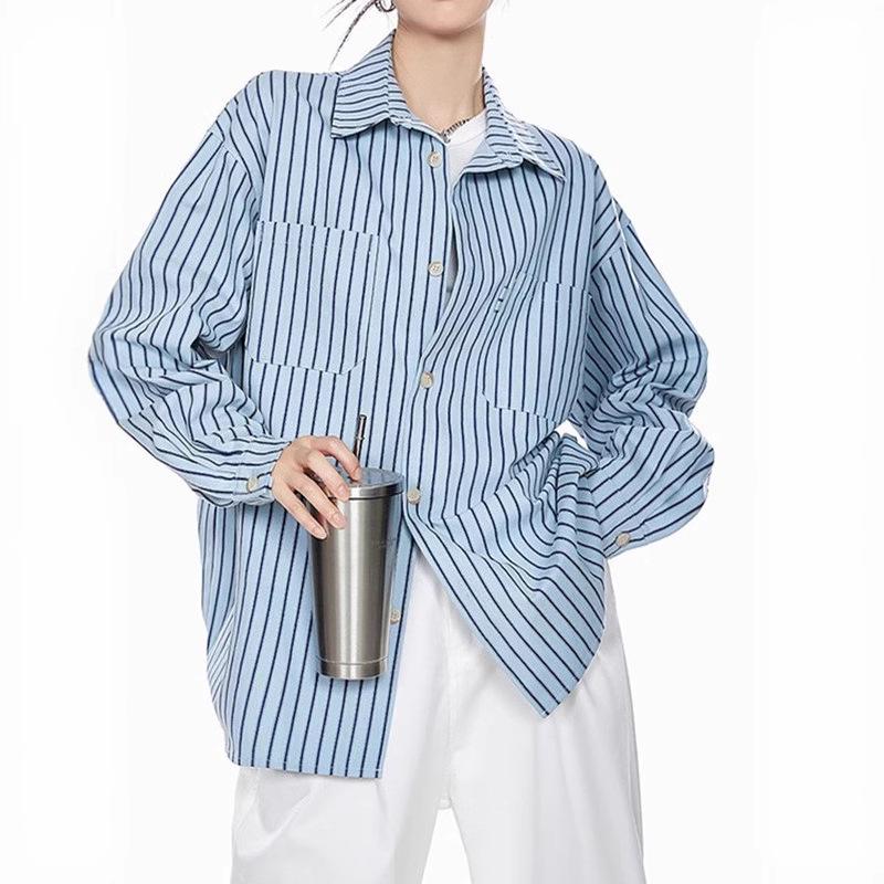 American Retro Striped Turn-Down Collar Shirt Jacket, Spring 2025 Collection, Casual Loose Long Sleeve Top.