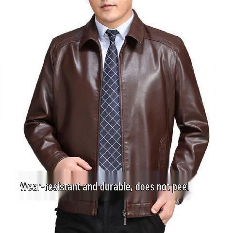 Haining Men's Real Leather Jacket - Middle-Aged and Elderly Spring Autumn Business Casual Fleece-Lined Coat