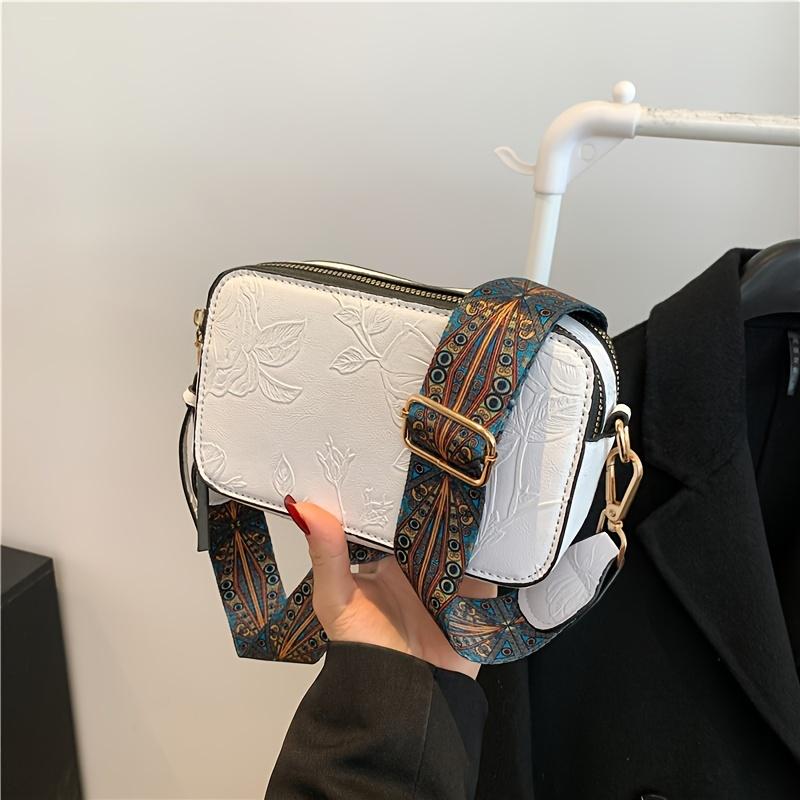 

Миниатюрная сумка через плечо в стиле бохо, сумка через плечо с цветочным тиснением, винтажная сумка через плечо для камеры для женщин белый