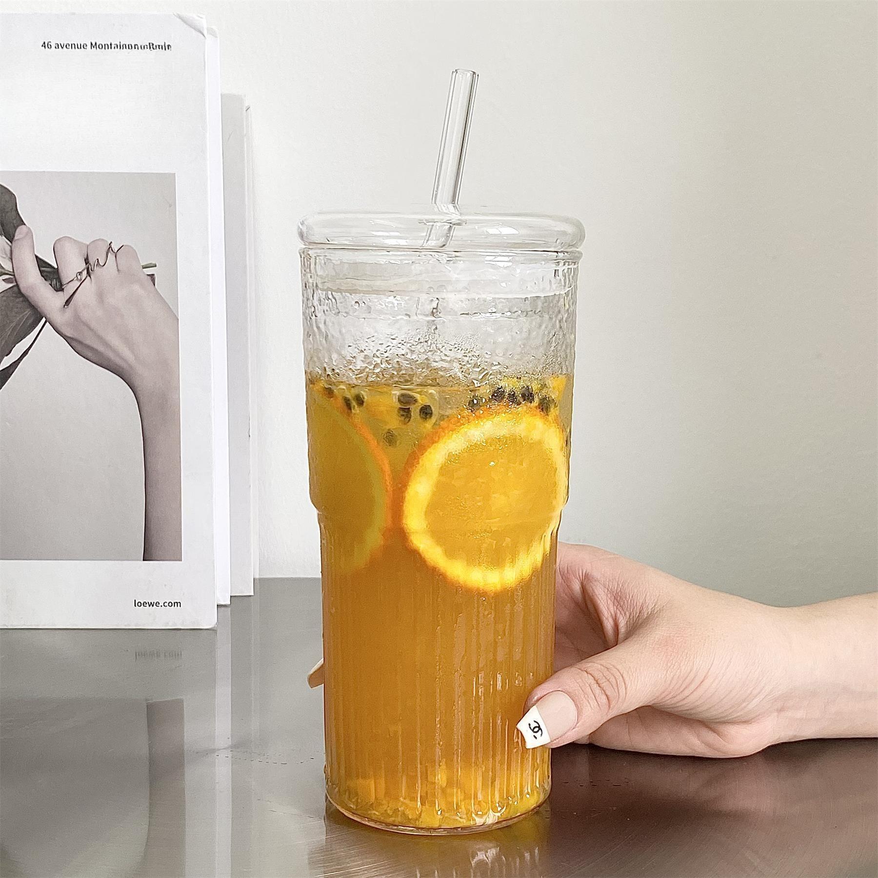 

Niche Large Capacity Glass Straw Cup Office High-looking Ins Style Milk Tea Coffee Cup Heat Resistant Glass Water Cup 650ml