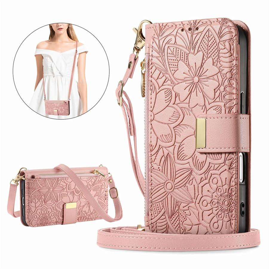 

Чехол-кроссбоди из ПУ-кожи с цветочным тиснением 3-в-1 для OPPO/VIVO/Redmi 6 слотов для карт + карман на молнии для монет + подставка и съемный длинный плечевой ремень Redmi 10C розовый