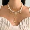 Diamond-encrusted pearl shell starfish fringed necklace fashion temperament high-end collarbone chain niche light luxury versatile jewelry