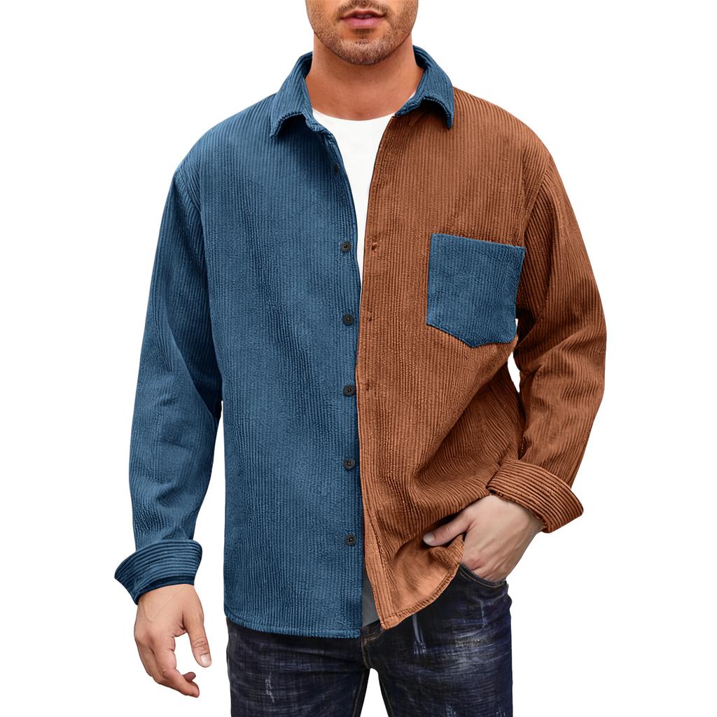 Mens Shacket Patchwork Long Sleeve Button Down Corduroy Shirts For Men