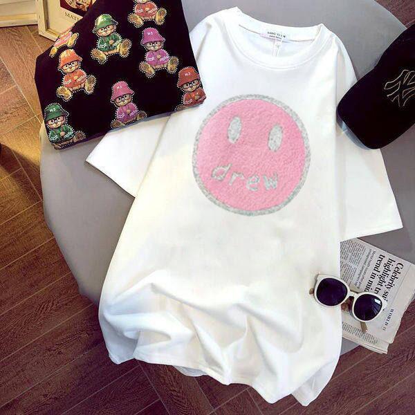 

200G pure cotton hemming heavy industry hot diamond smiley face flocked loose top women s summer 2025 new short sleeves M белый