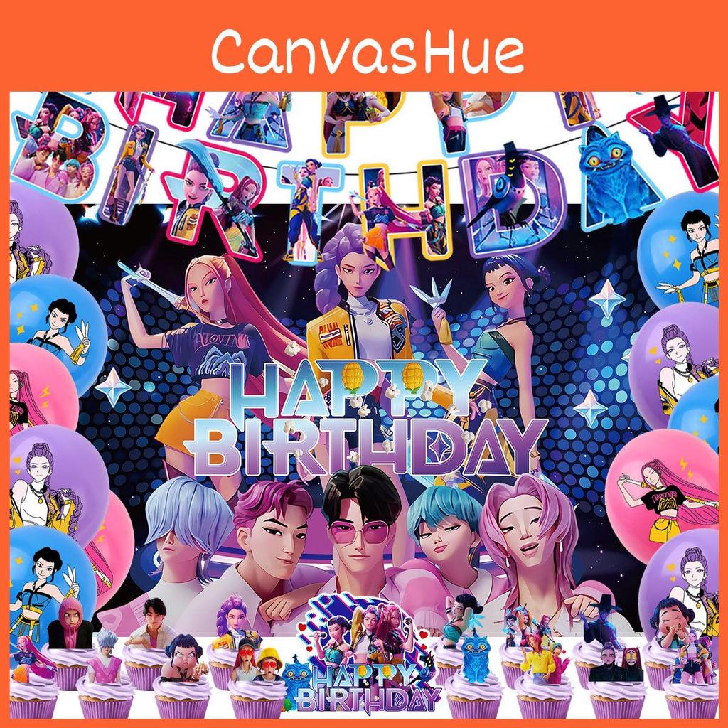 Conjunto de Decoração de Banner de Festa de Aniversário Caçadores de Demônios Kpop Com Balões e Fundo Para Fãs de Anime
