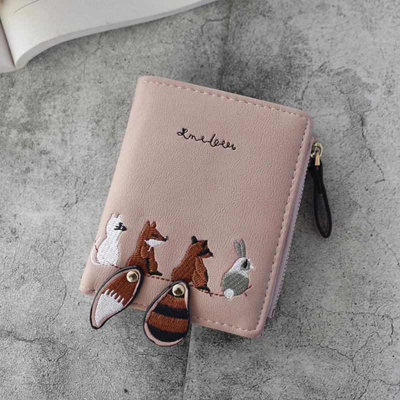 New Leather Wallet Women's Cartoon Cat Cute Fox Raccoon Short Wallets Girl's Credit Card Holder Hasp Zipper Coin Purse