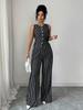 Women's Sleeveless Button Front Striped Slim Top High Waist Wide Leg Pants Two Piece Set
