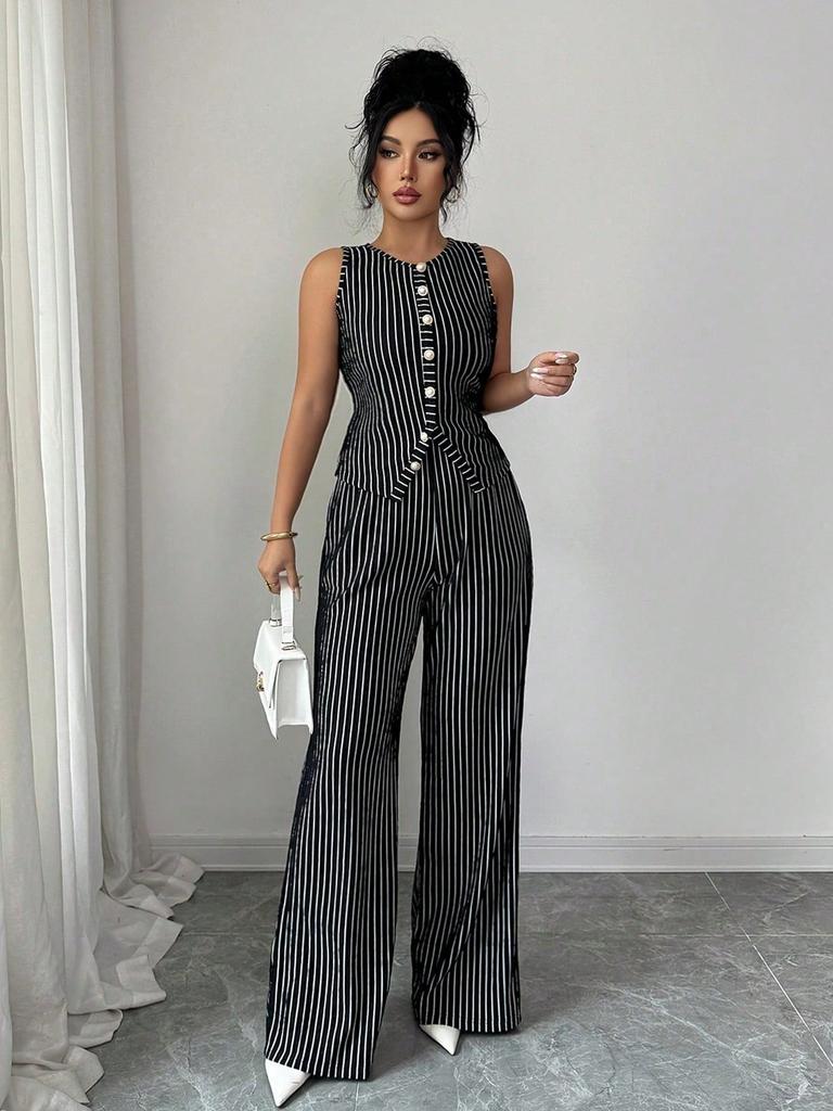 Women's Sleeveless Button Front Striped Slim Top High Waist Wide Leg Pants Two Piece Set