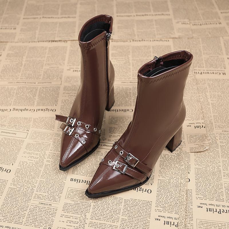 Pointed Toe Booties Women's Belt Buckle High Heels Fall/Winter  New Fashion Block Heel Outside Wear