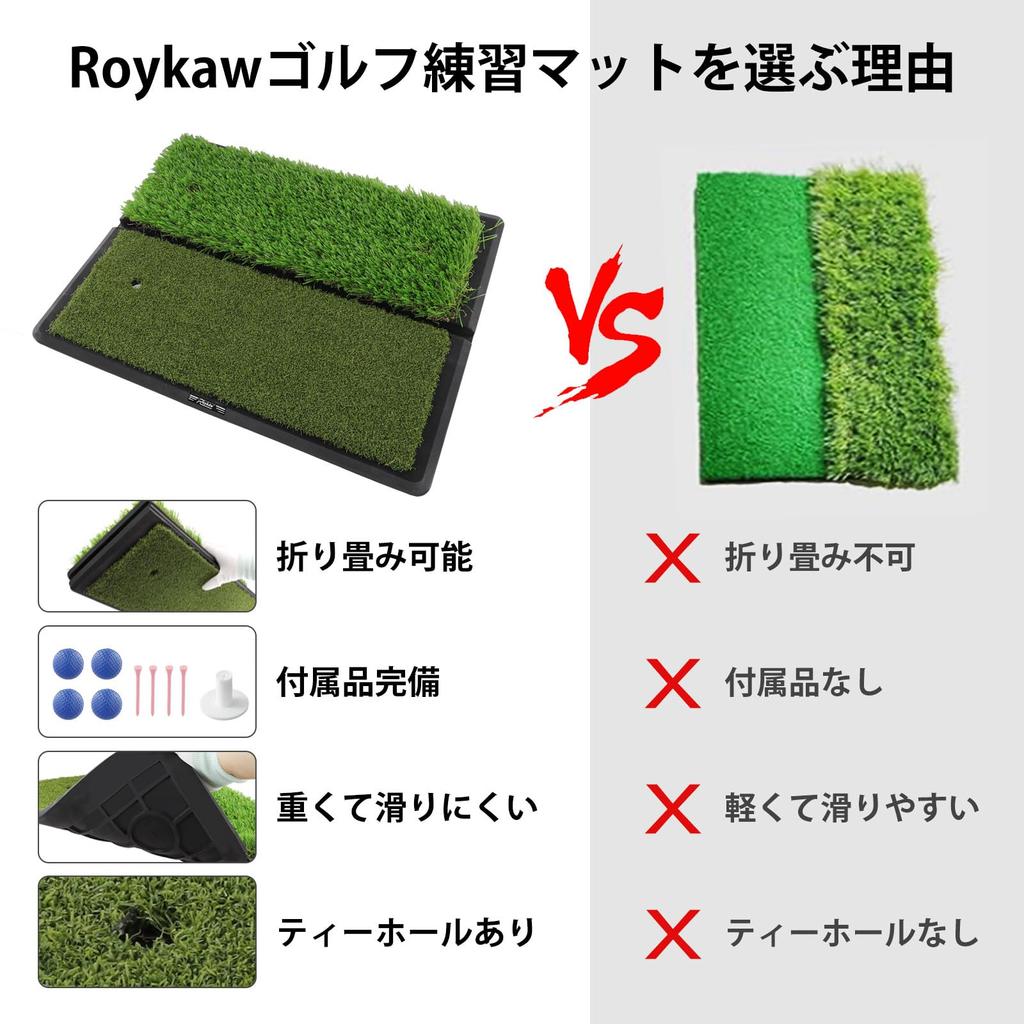Golf mat for approach practice, 2-way fairway practice, chipping, chip shots, rough practice, with grain, against grain, putting, practice swings,