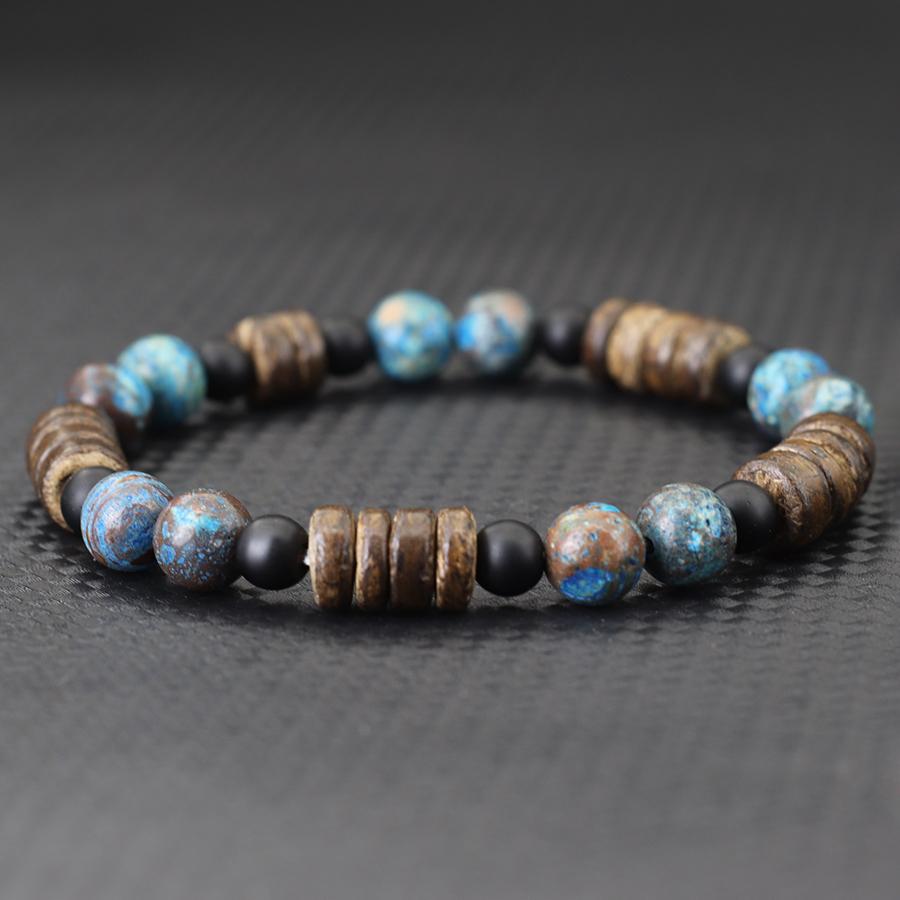 

Handmade Natural Coconut Husk Beads Bracelet For Men Volcanic Rock Tiger Eyes Howlite Stone Braslet Wooden Braclet Accessories
