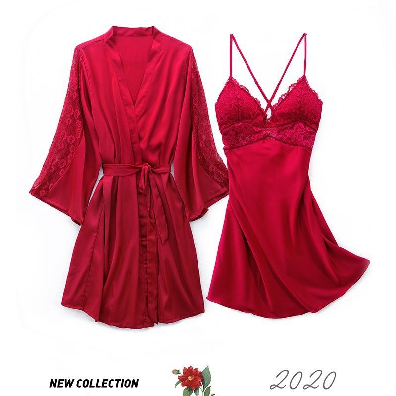 Ice silk pajamas women's sexy thin lace with chest pads, beautiful back suspenders, nightgowns, nightgowns, two loungewear