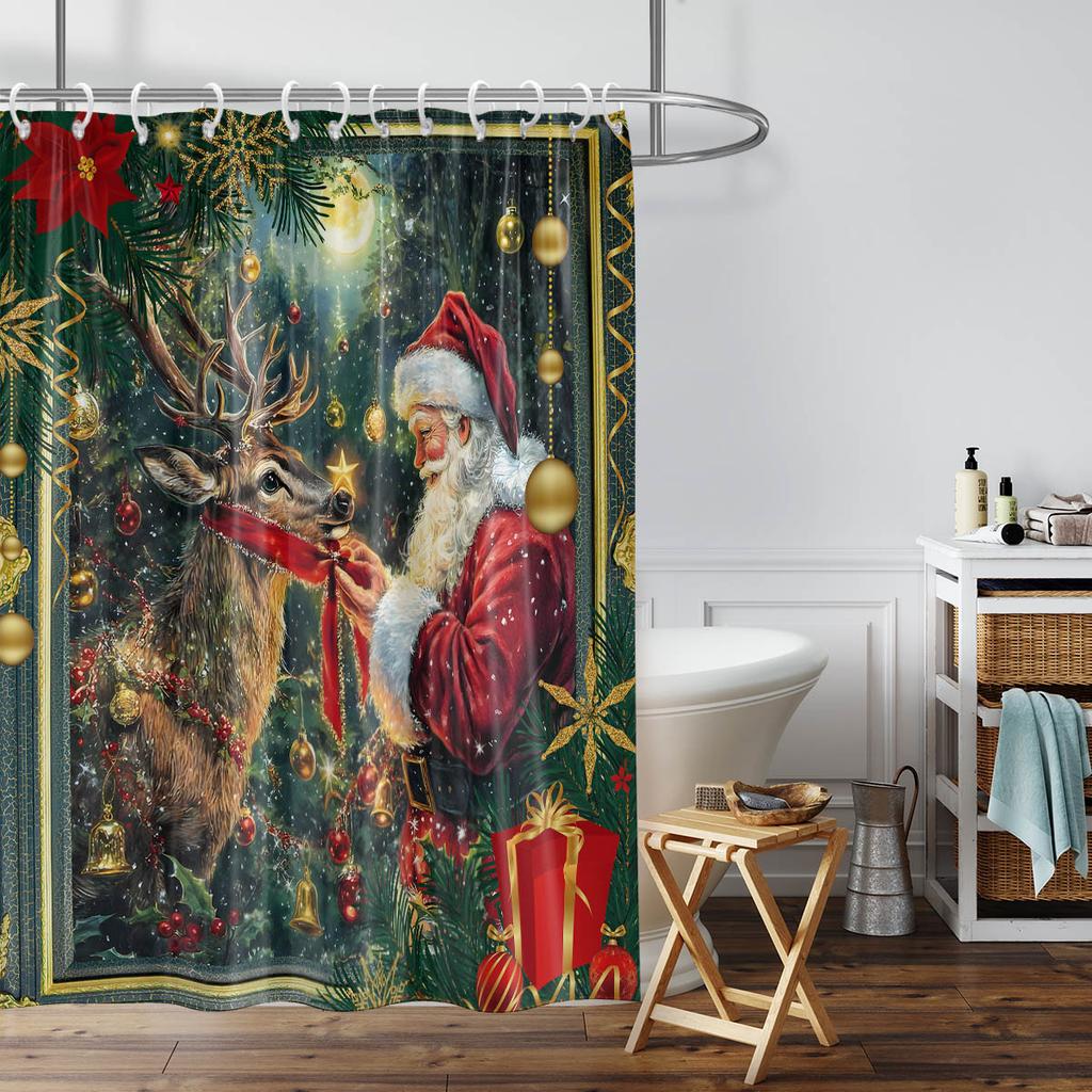 1pc Merry Christmas Print Waterproof Shower Partition Curtain Multi Size Privacy Protection with 12 Hooks Easy Installation
