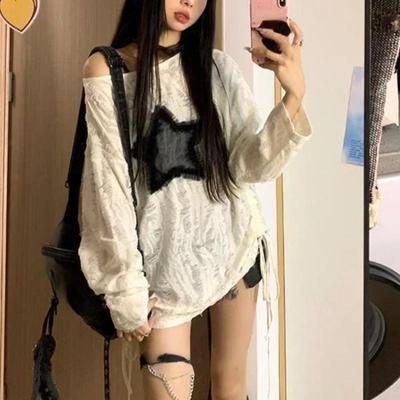 Grunge Hole T-shirt Women Fashion Star Print Y2k Aesthetic Loose Tees Kpop Fairycore Ripped Tshirt Harajuku Gothic Streetwear
