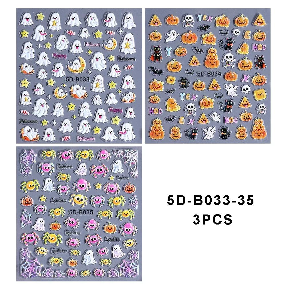 1/3pcs 5D Embossed Halloween Nail Stickers Cute Skull Pumpkin Ghost Spider Nail Silder Decals Nail Supplies Manicure Decoration