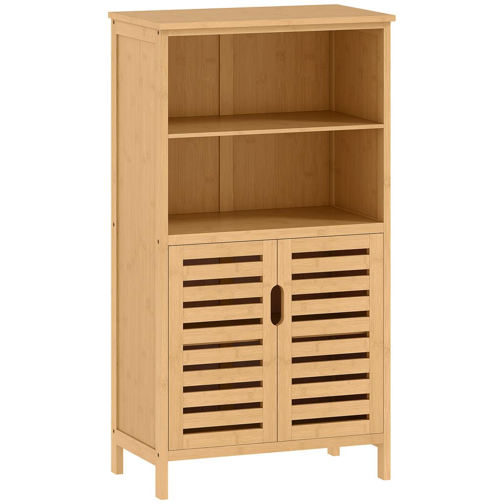 Badezimmer-Aufbewahrungseinheit aus Bambus, Badezimmerschrank mit 2 Türen, 2 offenen Regalen und erhöhten Füßen, 50x29x92 cm, Natur