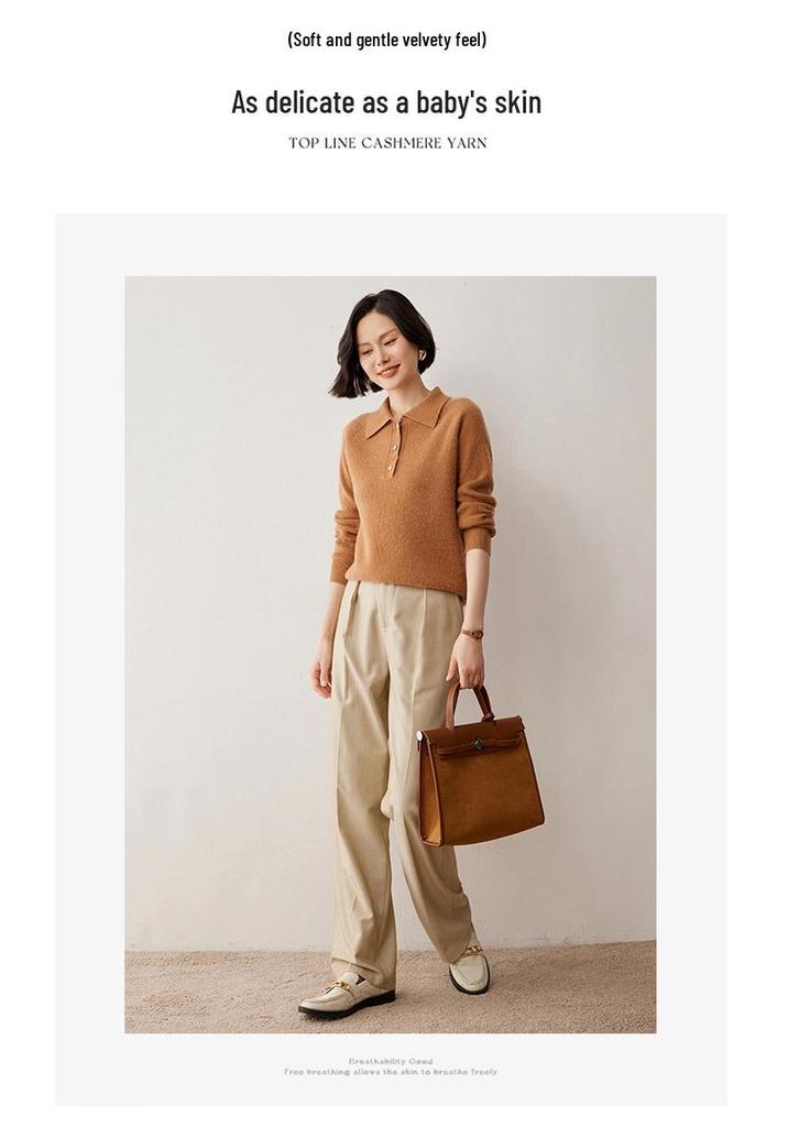 2024 Autumn/Winter Women's Cashmere Polo Neck Buttoned Lapel Pullover