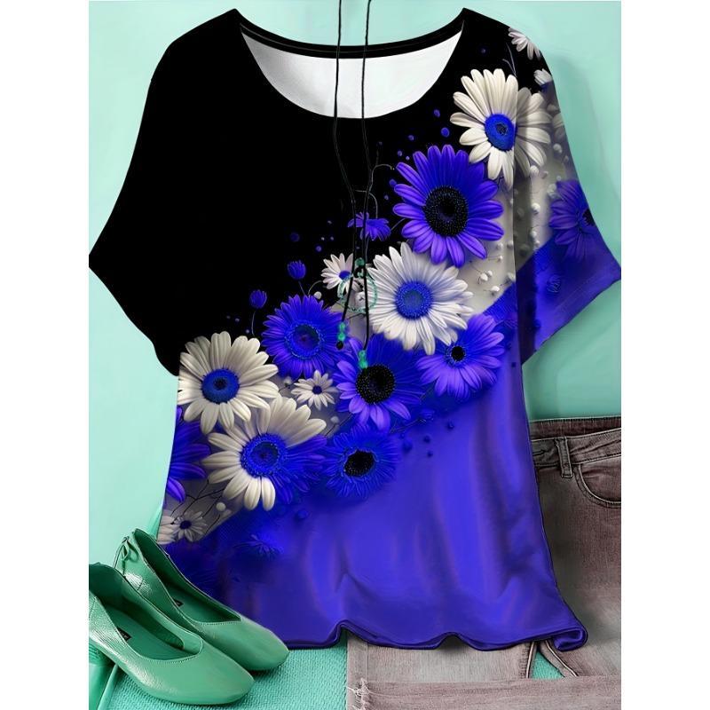 

Plus Size Women s Sunflower Floral Print T-Shirt - Black and Yellow Contrast Color Patchwork Design, Crew Neck Casual Top S