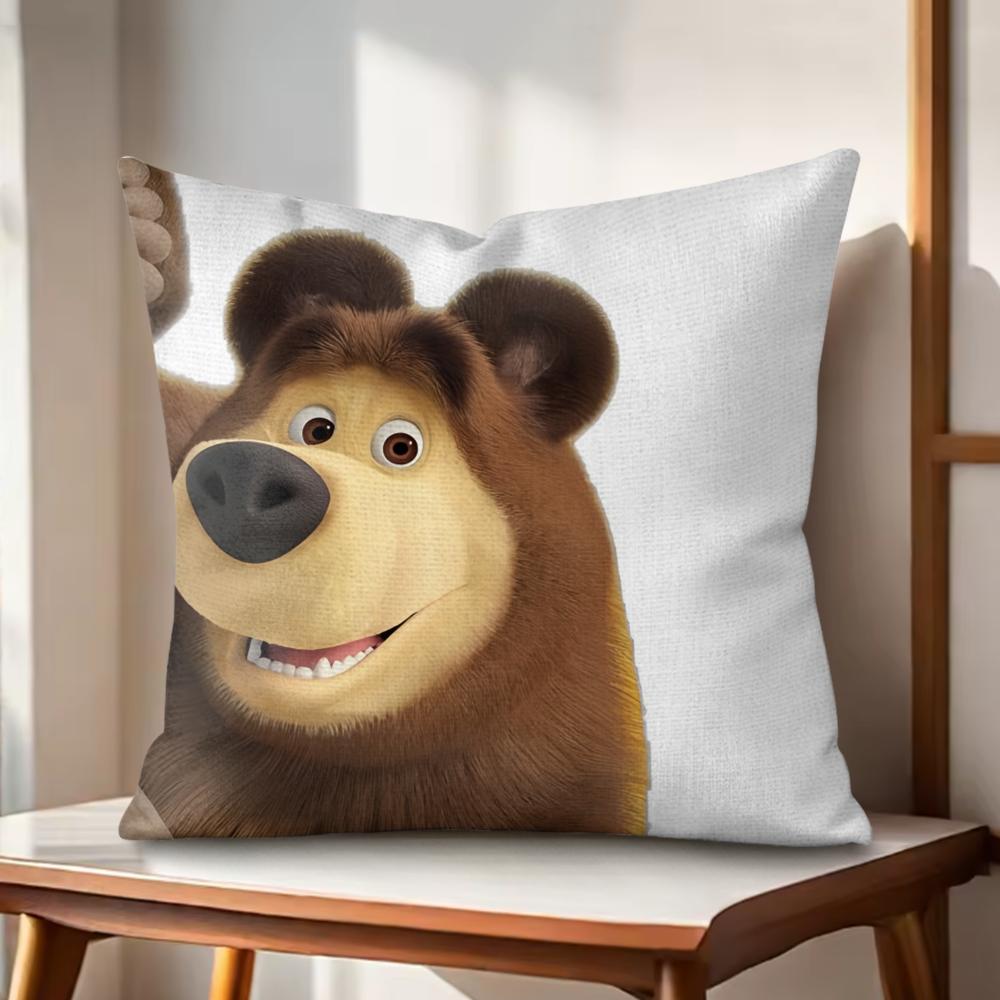 Cute Masha and the Bear Cushion Cover Natural Linen Organic Fabric DoubleSided Printing Couch Pillow Covers Home Decor