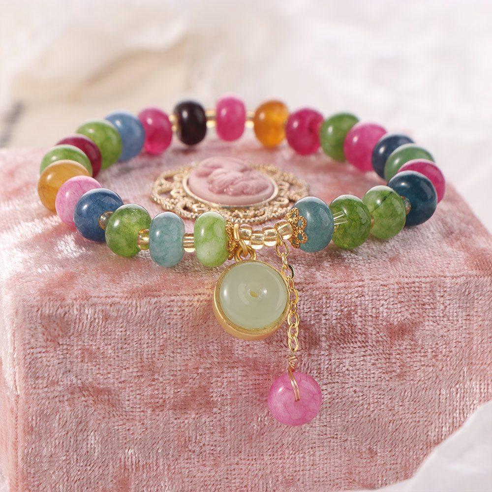 Colorful Bead String Bracelet Rabbit Pendant Beaded Hand Bangle Retro Stone Beads Bracelet Gifts