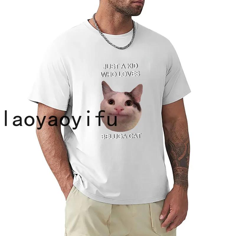 Beluga Cat Meme Face Smiling Man T-Shirt Funny T Shirts Sweat Shirt Mens Vintage T Shirts Summer Fashion Casual Woman Tops Tee