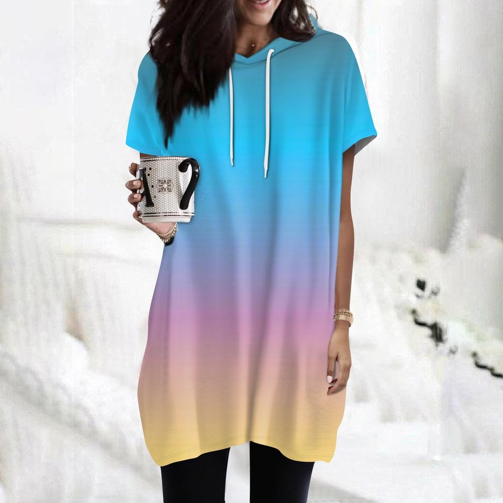 Women's  Hoodies Casual Short Sleeve Shirts Fashion Print Tunic Tops With Pockets