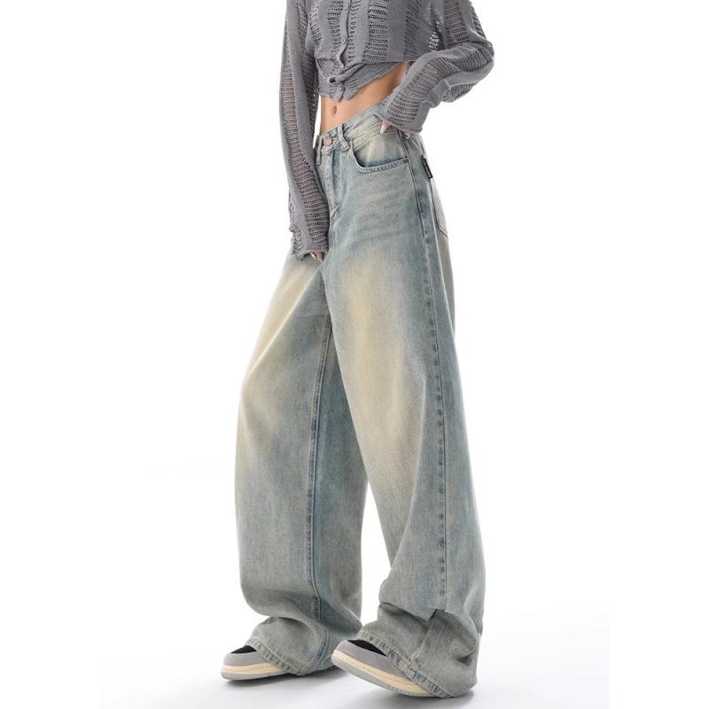Y2K Blå Jeans til Kvinder Høj Talje Amerikansk Street Wide Leg Bukser Hip Hop Vintage Lige Efterårsbukser
