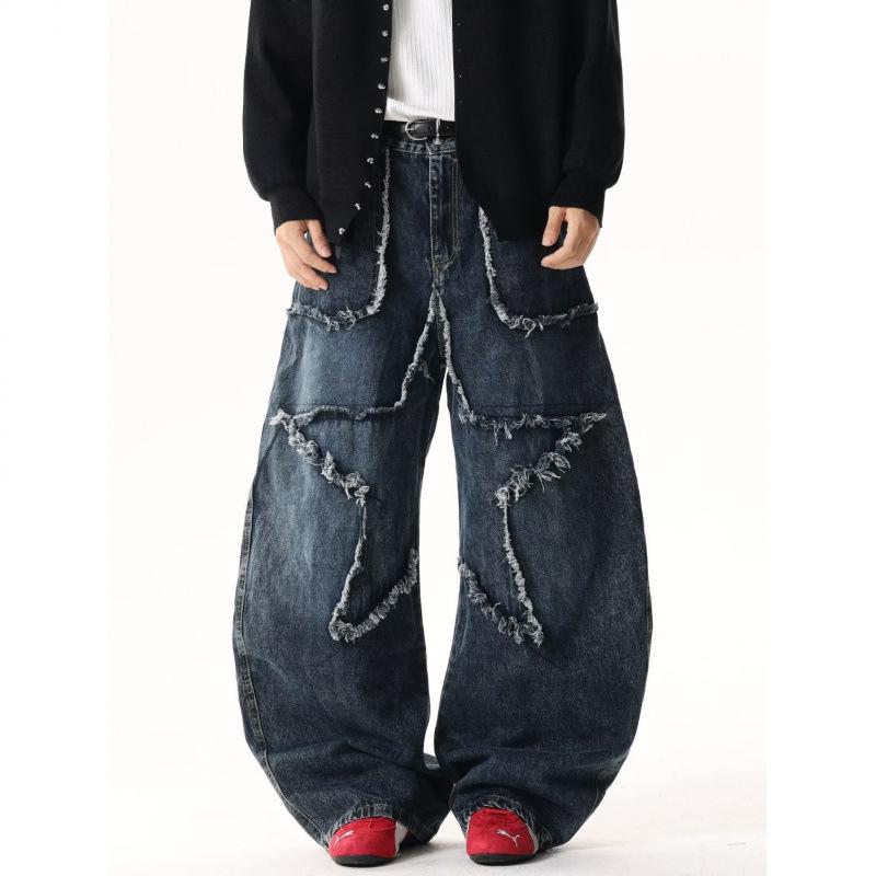 Unisex Retro Star Design Frayed Edge Wide Leg Jeans