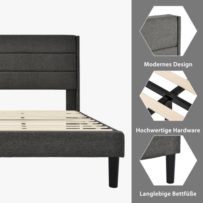 Lit capitonné - MUVOE - 90x200cm - Tête de lit rembourrée - Tissu de lin gris - Design contemporain