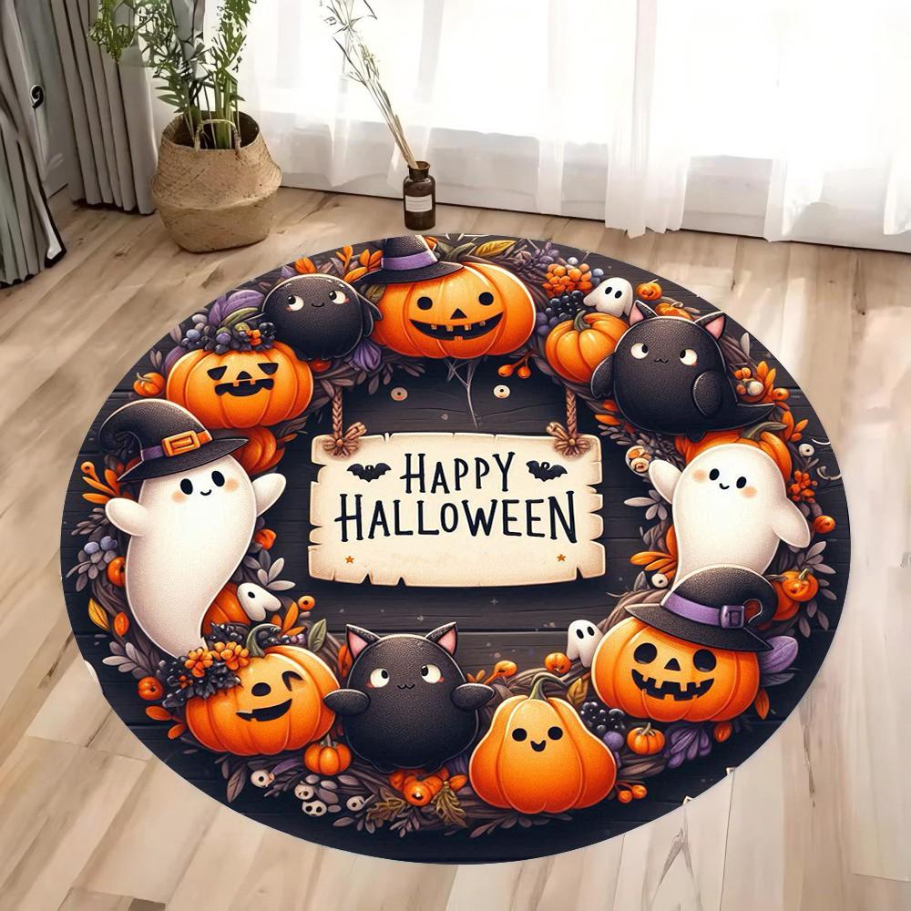 Halloween Pumpkin Magic Hat and Bat Circular Printed Carpet Halloween Themed Floor Mat Home Decoration Yoga Studio Gift
