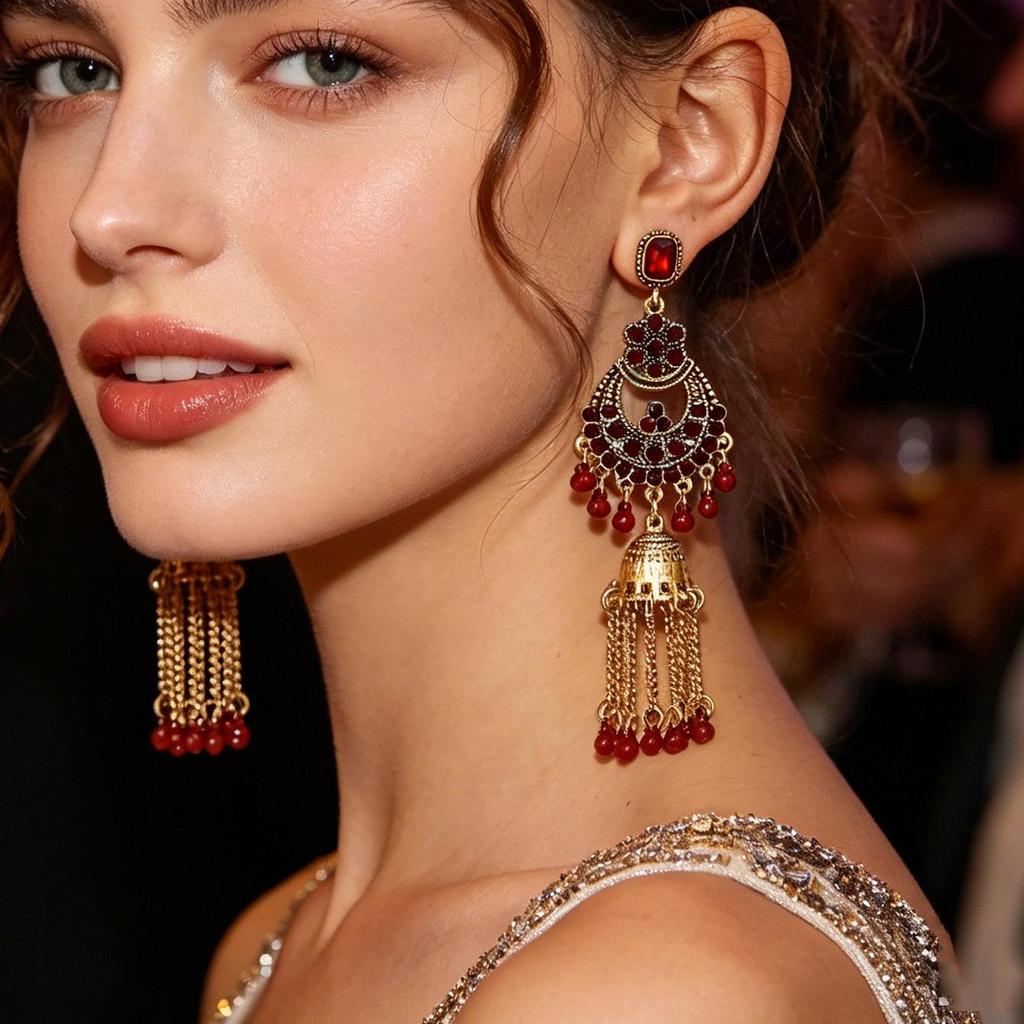 Bohemian Rhinestone Tassel Earrings: Retro Ethnic Floral Design for Women