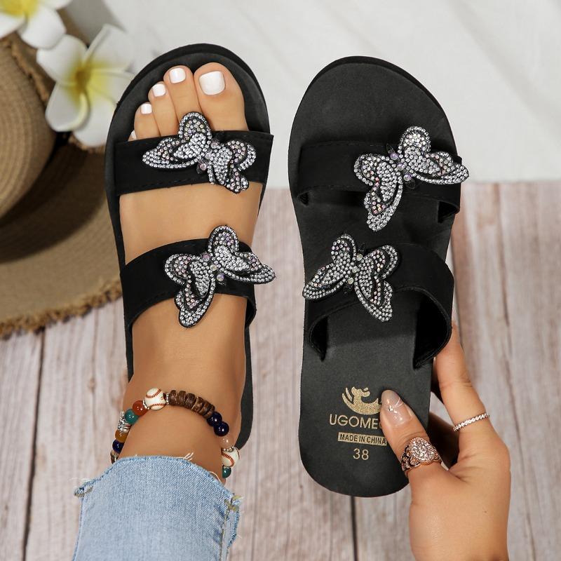 

Summer New Slope Heel Sandals Women s Round Head Open Toe Sequin Butterfly Knot Thick Soled Non-slip Slippers 42 чёрный