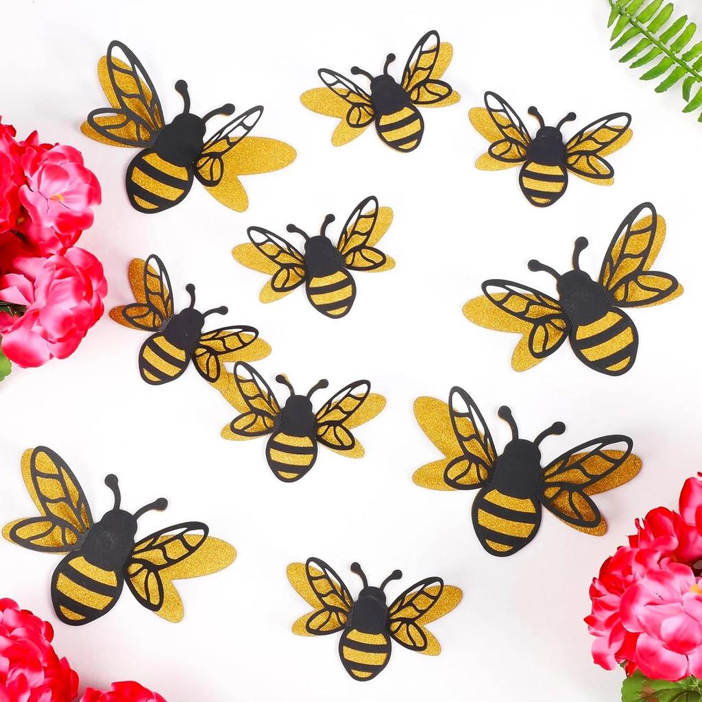24pcs 3D Bee Decorative Double Glitter Bee Sticker Wall Decor Realistic Shiny Decor Decal For Family Party Classroom Outdoor Theme Decoration