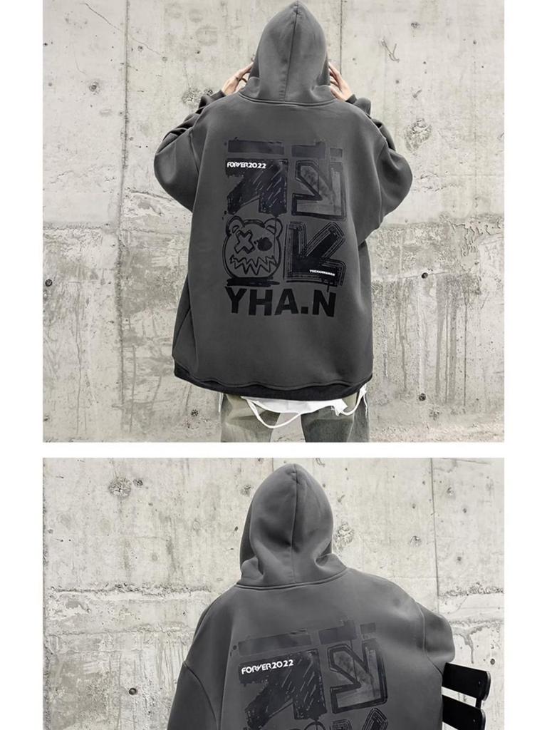 Men's Plus Velvet Hooded Sweatshirt - Large Size, Autumn/Winter, Hip-Hop Style, Trendy Loose Fit, American-Inspired.