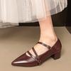 Square Heel Shoes Summer New Pointed Head Shallow Mouth Cross Thin Belt Metal Buckle Anti-slip Wear-resistant Heel Shoes