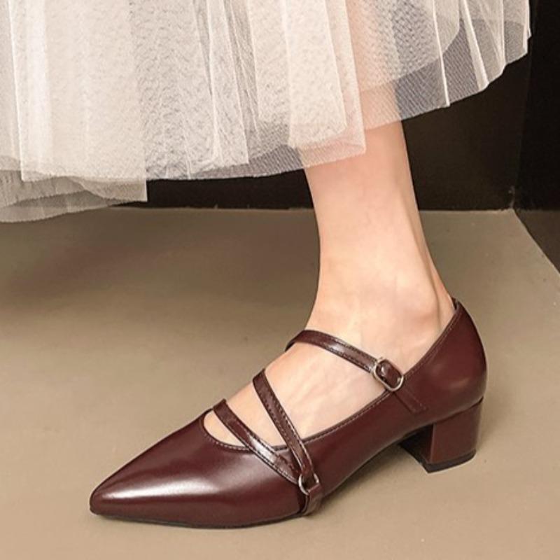 Square Heel Shoes Summer New Pointed Head Shallow Mouth Cross Thin Belt Metal Buckle Anti-slip Wear-resistant Heel Shoes