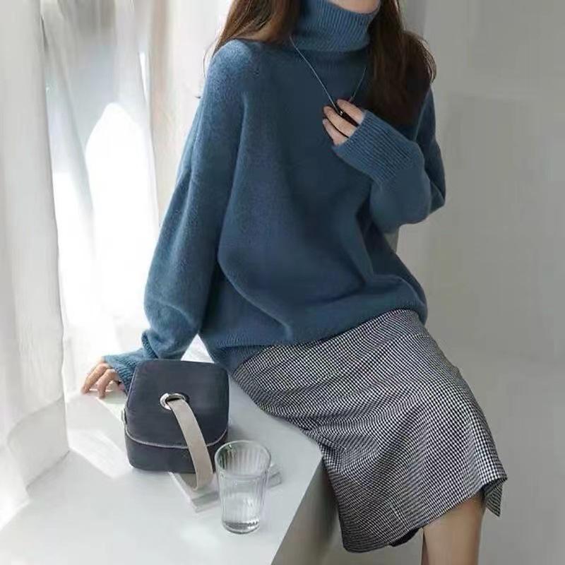 Women's European High Neck Pullover Sweater: Autumn/Winter Loose Fit, Slimming Plain Knit Base Layer
