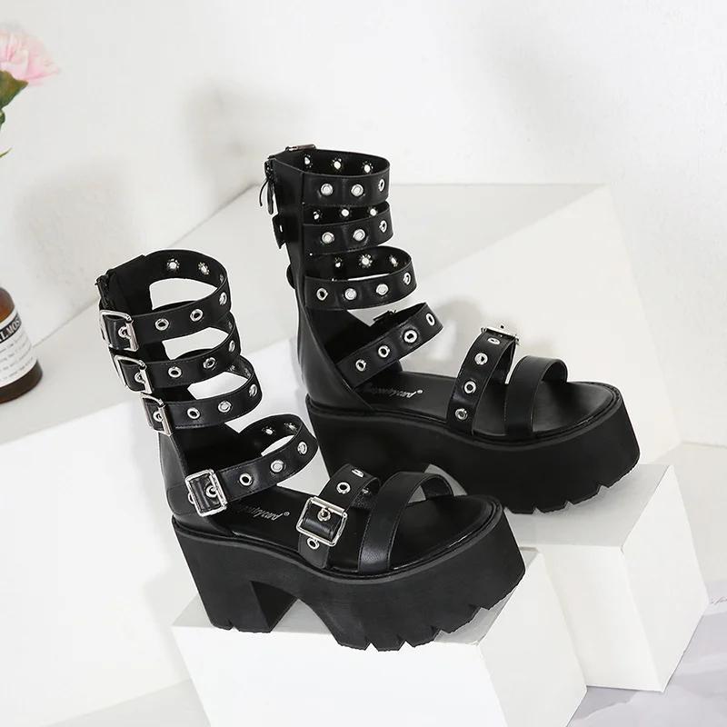 Fashion 2025 Summer New Fashion High Heel Sandals Rivet Hollowed Out Women's Shoes Roman Thick Heel Cool Boots 42