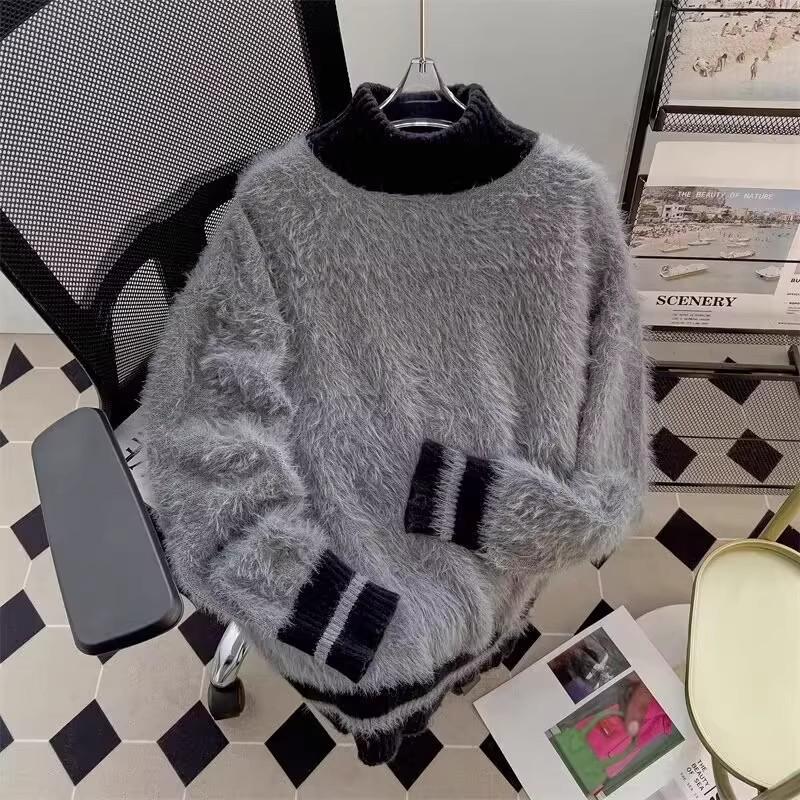 

Unisex Loose Fit Faux Mink Velvet Color Block Sweater with Half-High Collar L сірий колір