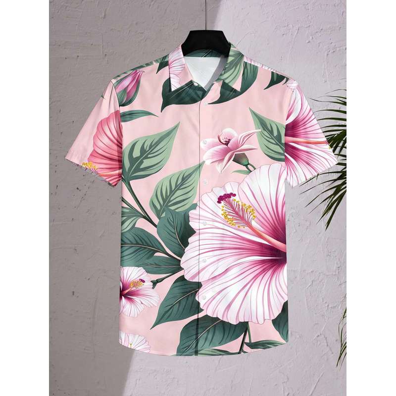 Women's Ombre Pink Hibiscus Leaf Print Button Shirt Casual Short Sleeve Machine Washable Top
