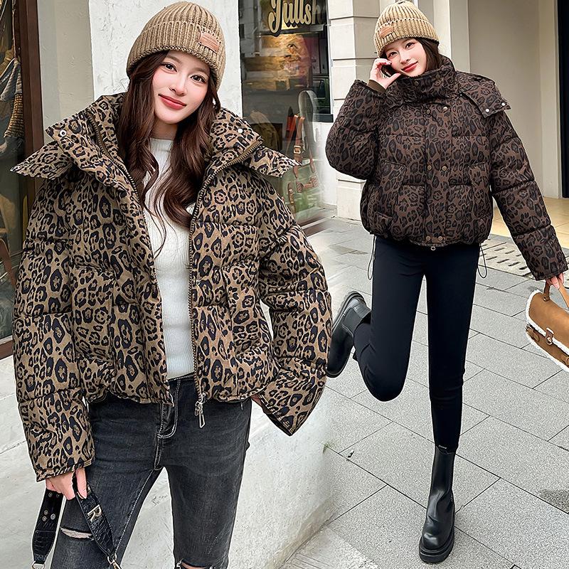 Women's Leopard Print Padded Jacket - Autumn Winter Style, Thickened Short Stand Collar, Cotton Outerwear.