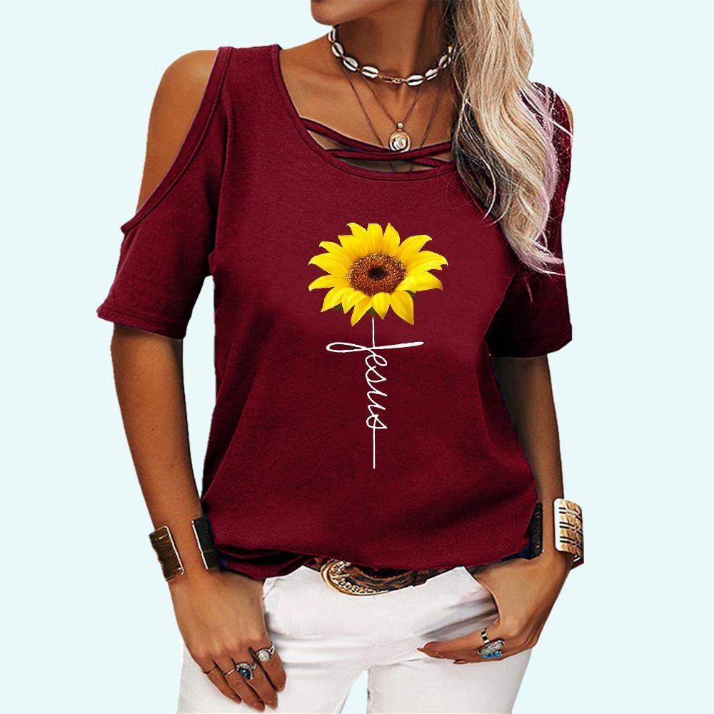 Women Fashion Off Shoulder Top Summer&fall Round Neck Short Sleeve Tee Shirt Ladies Casual Floral Print T-shirt
